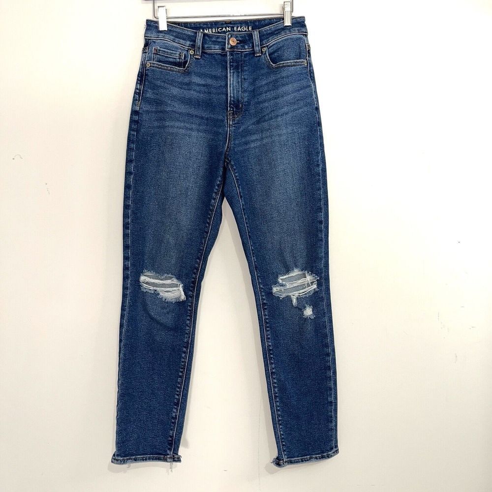 American Eagle Women's Size 2 Stretch Mom Jeans Skinny Distressed Dark Wash